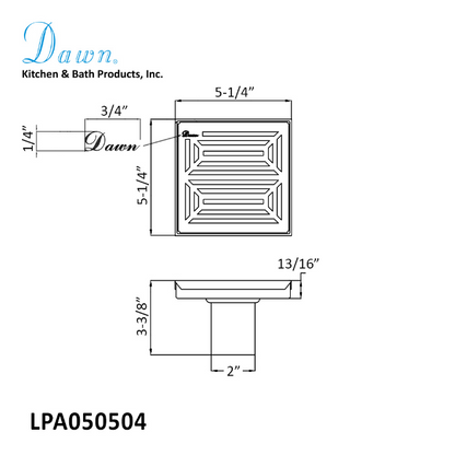 Dawn 5 Inch Square Shower Drain Parana River Series LPA050504 (push-in) Polished Satin Finish