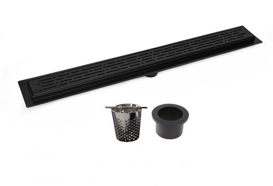 Matte Black Linear Shower Drain with Free Hair Trap, Broken Lane Design, By SereneDrains