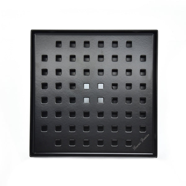 6 Inch Matte Black Square Shower Drain with Hair Trap Set (2 Designs)