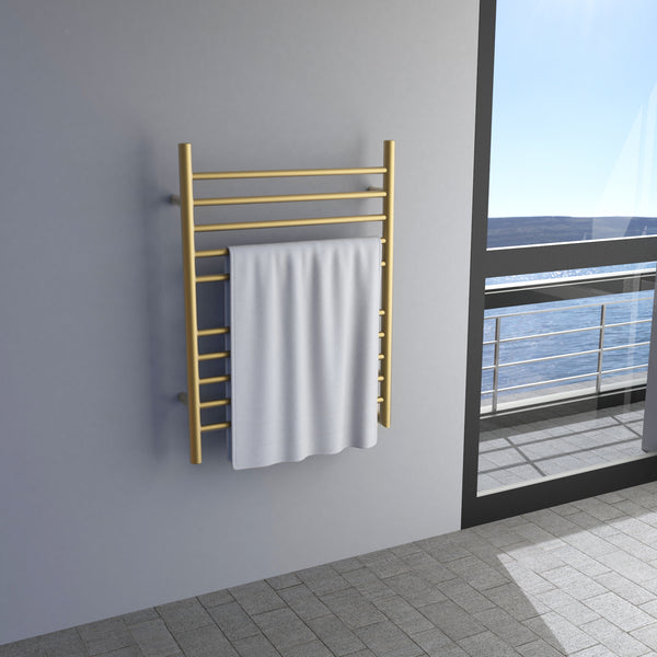 Satin Brass Towel Warmer, Amba Radiant Hardwired Straight, 10 Bar Towel Warmer
