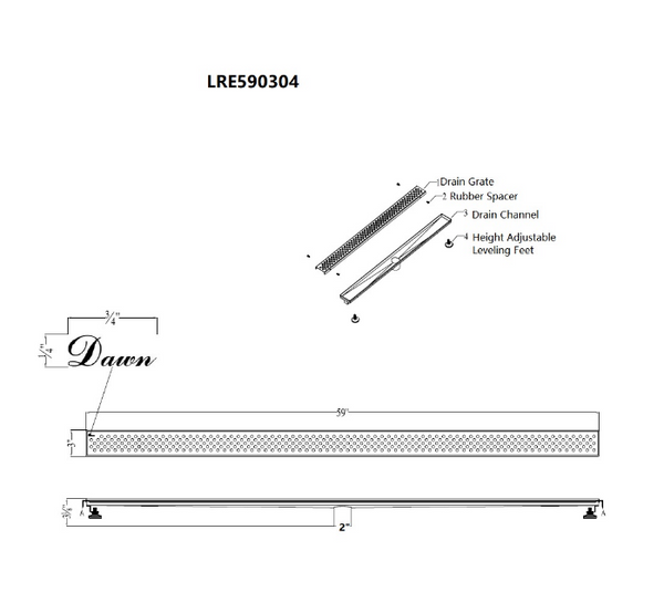 Dawn® 36 Inch Linear Shower Drain, Rhone River Series, Polished Satin Finish