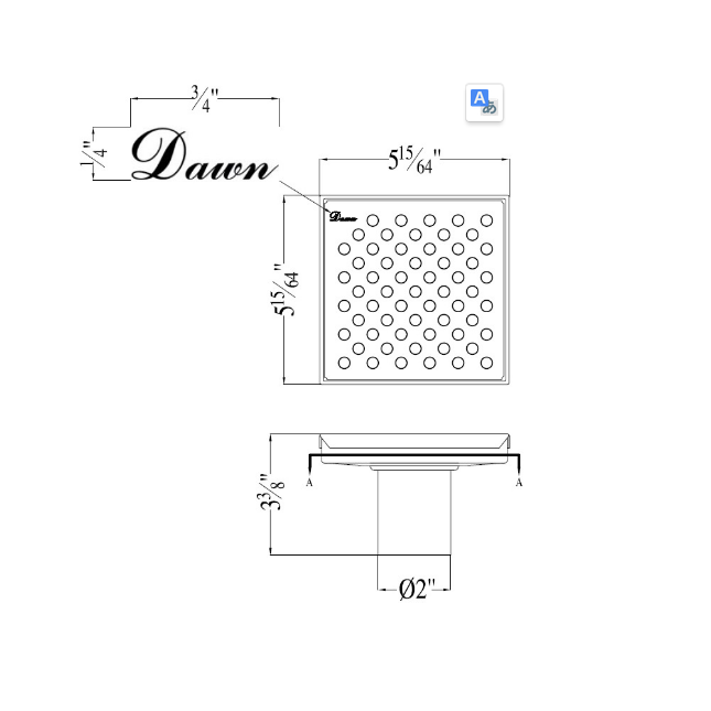 Dawn 5 Inch Square Shower Drain Rhone River Series LRE050504 (push-in) Polished Satin Finish