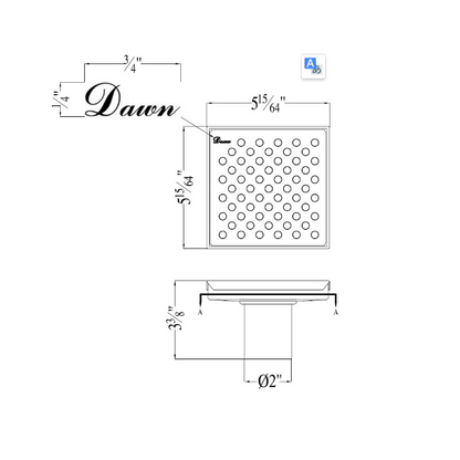 Dawn 5 Inch Square Shower Drain Rhone River Series LRE050504 (push-in) Polished Satin Finish
