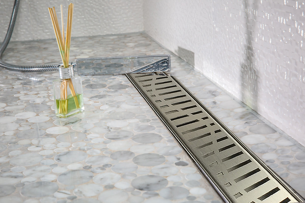24 Inch Linear Shower Drain Brushed Finish Wind Design SereneDrains