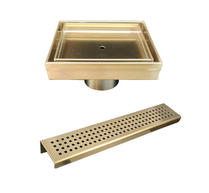 Satin Gold Shower Set: 5 Inch Tile Insert Square Drain with Gold Shower Shelf