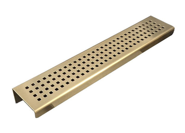 Satin Gold Shower Set: 5 Inch Tile Insert Square Drain with Gold Shower Shelf