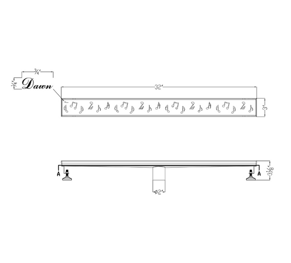 Dawn® 36 Inch Linear Shower Drain, Seine River Series, Polished Satin Finish