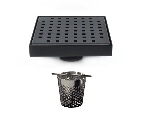 6 Inch Matte Black Square Shower Drain with Hair Trap Set (2 Designs)
