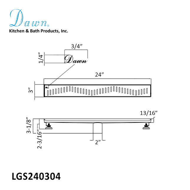 24 Inch Linear Drain with Adjustable Feet, Luxury Polished Finish Drain, Dawn USA LGS240304
