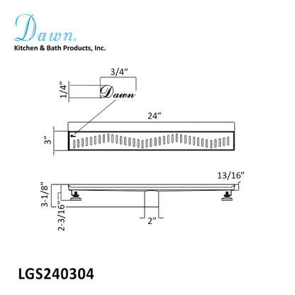 24 Inch Linear Drain with Adjustable Feet, Luxury Polished Finish Drain, Dawn USA LGS240304