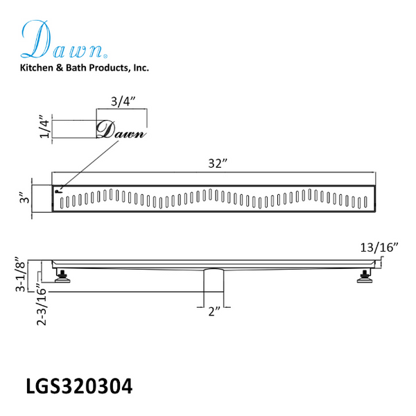 Dawn® 32 Inch Linear Shower Drain, Ganges River Series, Polished Satin Finish