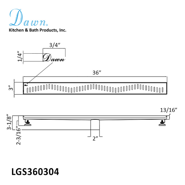 Dawn® 36 Inch Linear Shower Drain Ganges River Series, Polished Satin Finish