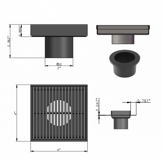 4 Inch Matte Black Square Shower Drain with Hair Trap Set (3 Designs)