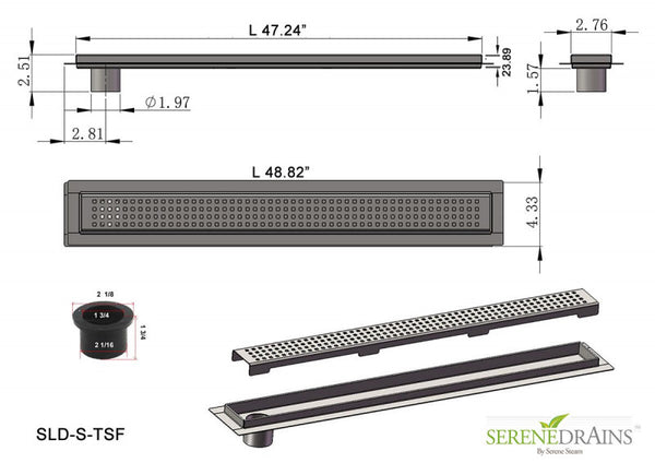 48 Inch Side Outlet Linear Shower Drain by Serene Drains