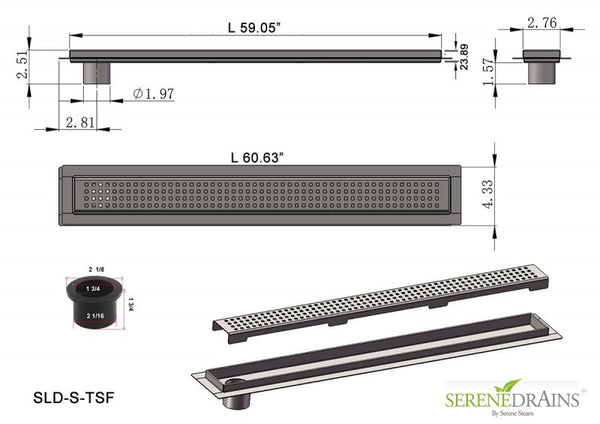 60 Inch Side Outlet Linear Shower Drain by SereneDrains