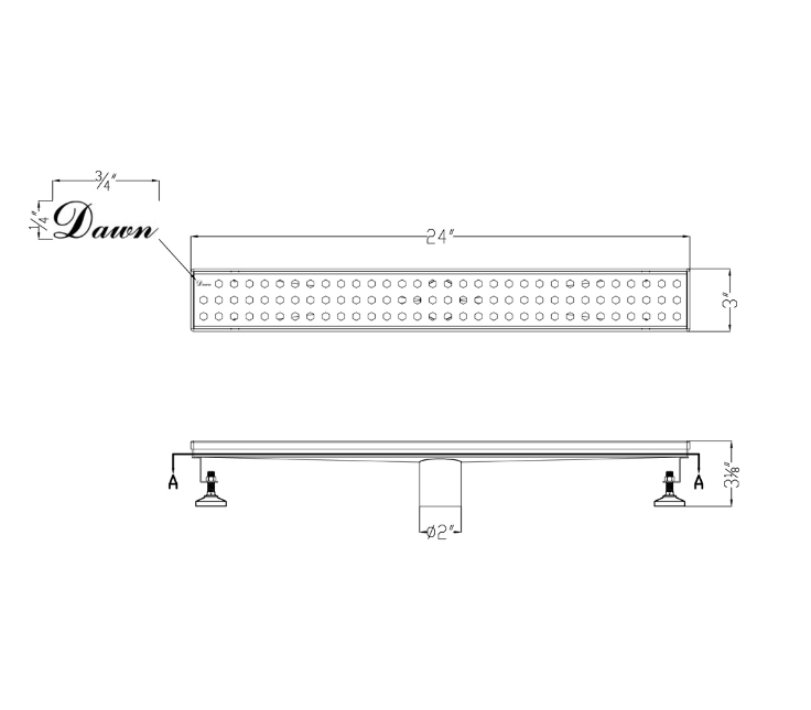 24 Inch Linear Drain with Adjustable Feet, Luxury Polished Finish Drain, Dawn USA LTS240304
