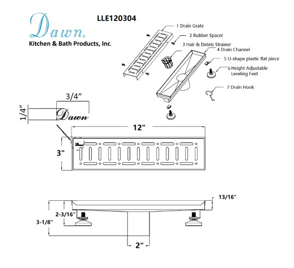 Dawn® 36 Inch Linear Shower Drain, The Loire River In France Series, Polished Satin Finish