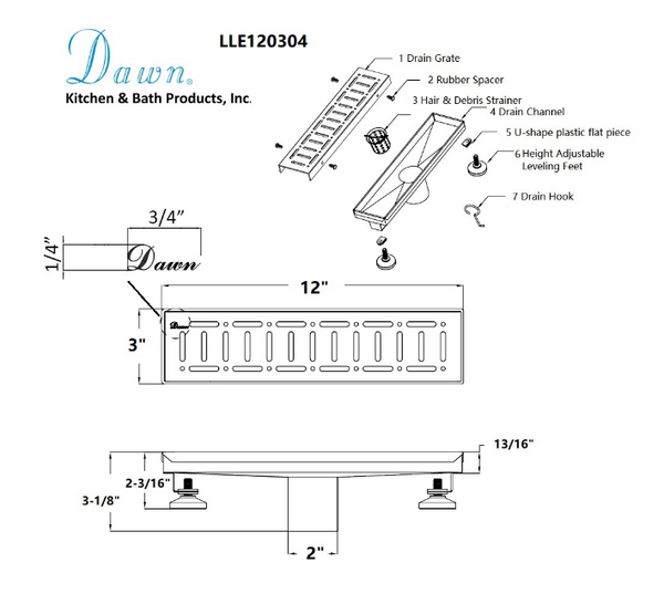 Dawn 12 Inch Linear Shower Drain, The Loire River In France Series, Polished Satin Finish