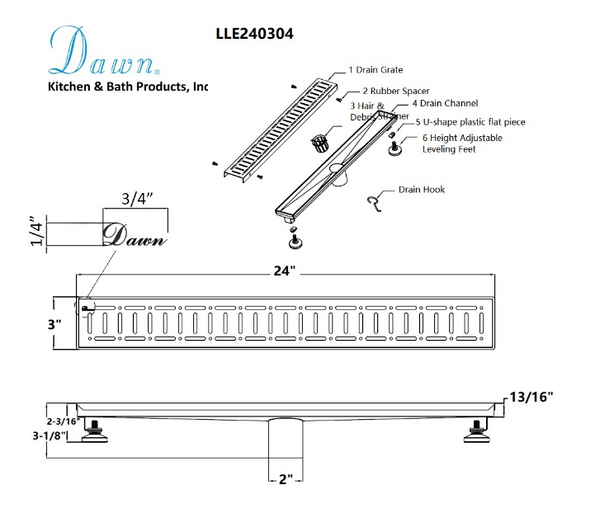 Dawn® 36 Inch Linear Shower Drain, The Loire River In France Series, Polished Satin Finish
