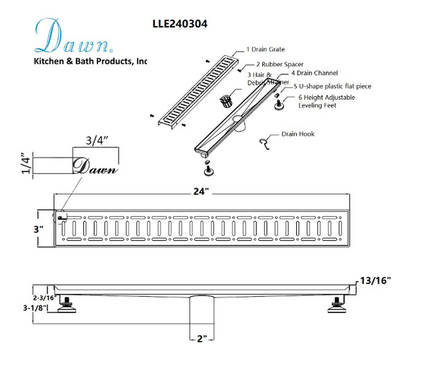 Dawn® 24 Inch Linear Shower Drain, The Loire River In France Series, Polished Satin Finish