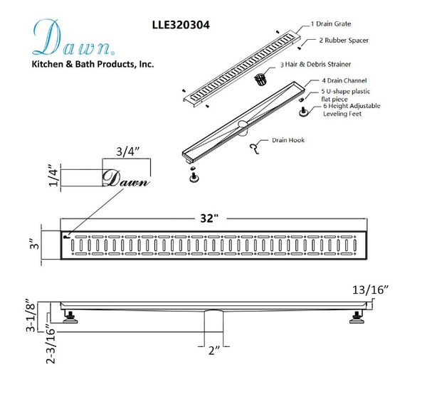 Dawn® 59 Inch Linear Shower Drain, The Loire River In France Series, Polished Satin Finish
