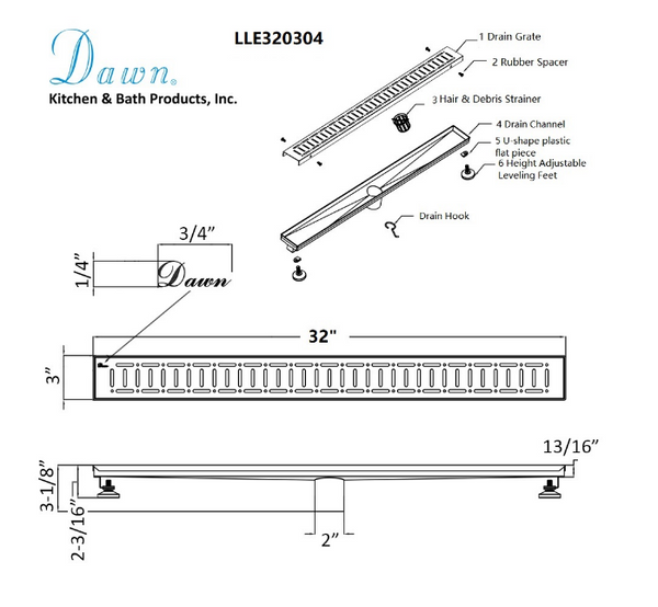 Dawn® 32 Inch Linear Shower Drain, The Loire River In France Series, Polished Satin Finish