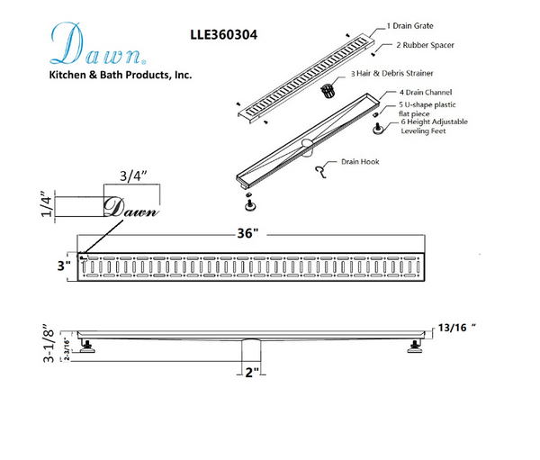 Dawn® 24 Inch Linear Shower Drain, The Loire River In France Series, Polished Satin Finish