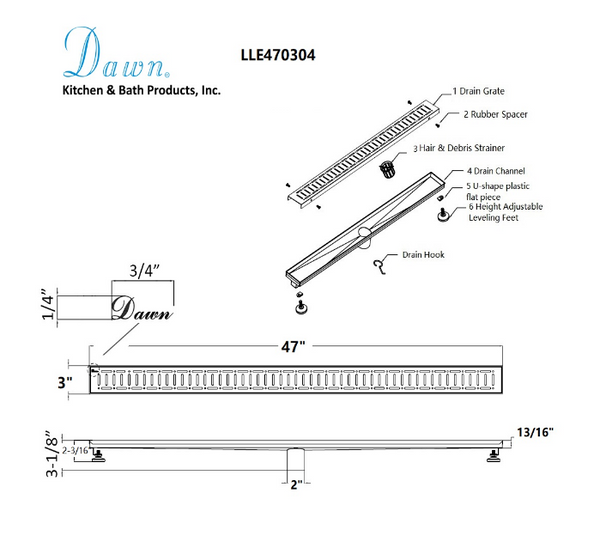 Dawn® 36 Inch Linear Shower Drain, The Loire River In France Series, Polished Satin Finish