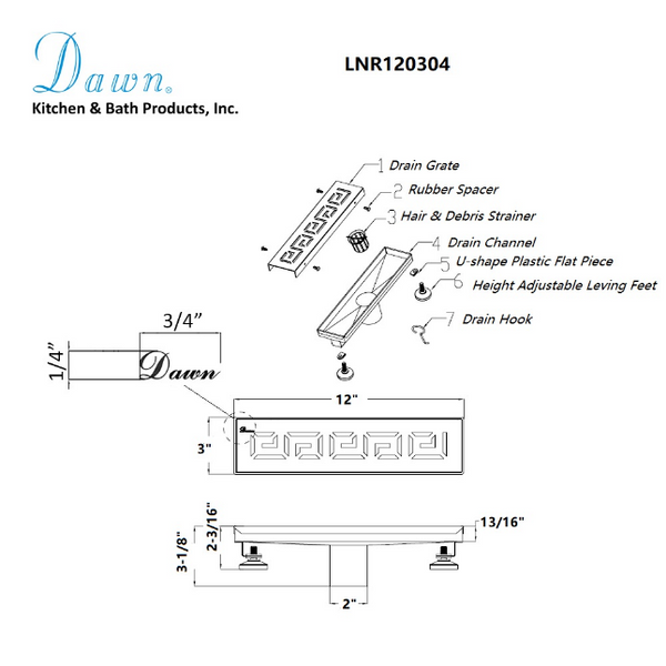 Dawn® 24 Inch Linear Shower Drain, The River Niger In Mali Series, Polished Satin Finish