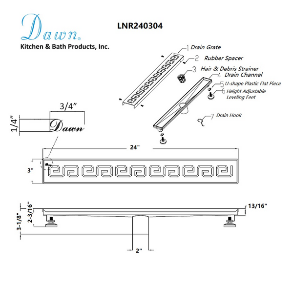 Dawn® 24 Inch Linear Shower Drain, The River Niger In Mali Series, Polished Satin Finish