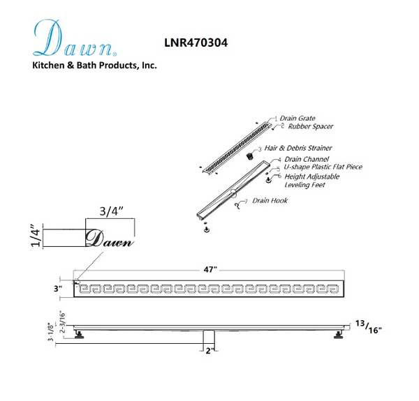 Dawn® 24 Inch Linear Shower Drain, The River Niger In Mali Series, Polished Satin Finish