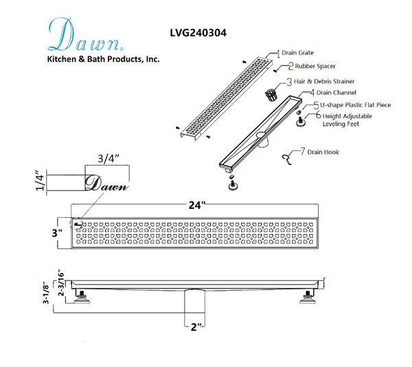 Dawn® 36 Inch Linear Shower Drain, Views Along The River Nile Series, Polished Satin Finish