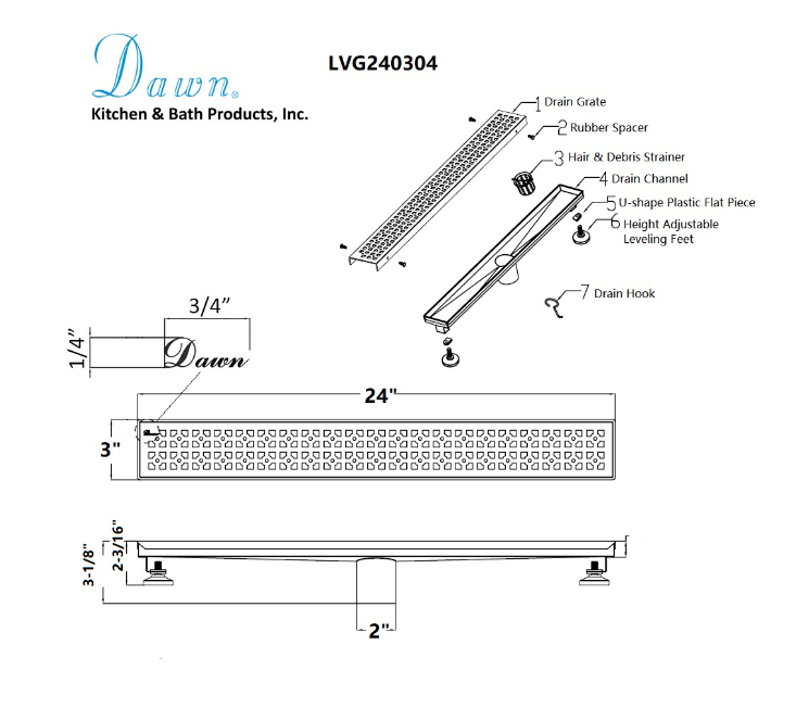 24 Inch Linear Drain with Adjustable Feet, Luxury Polished Finish Drain, Dawn USA LVG240304