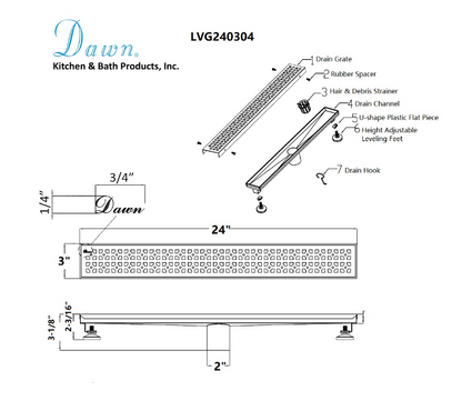 24 Inch Linear Drain with Adjustable Feet, Luxury Polished Finish Drain, Dawn USA LVG240304