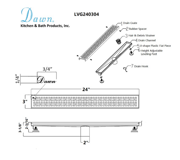Dawn® 24 Inch Linear Shower Drain, Views Along The River Nile Series, Polished Satin Finish