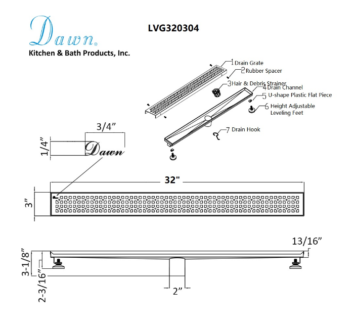 24 Inch Linear Drain with Adjustable Feet, Luxury Polished Finish Drain, Dawn USA LVG240304