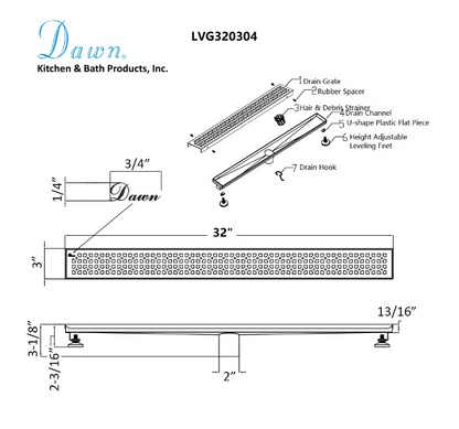 24 Inch Linear Drain with Adjustable Feet, Luxury Polished Finish Drain, Dawn USA LVG240304