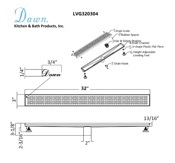 Dawn® 24 Inch Linear Shower Drain, Views Along The River Nile Series, Polished Satin Finish