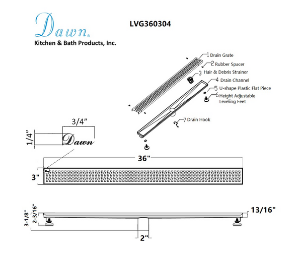 Dawn® 32 Inch Linear Shower Drain, Views Along The River Nile Series, Polished Satin Finish