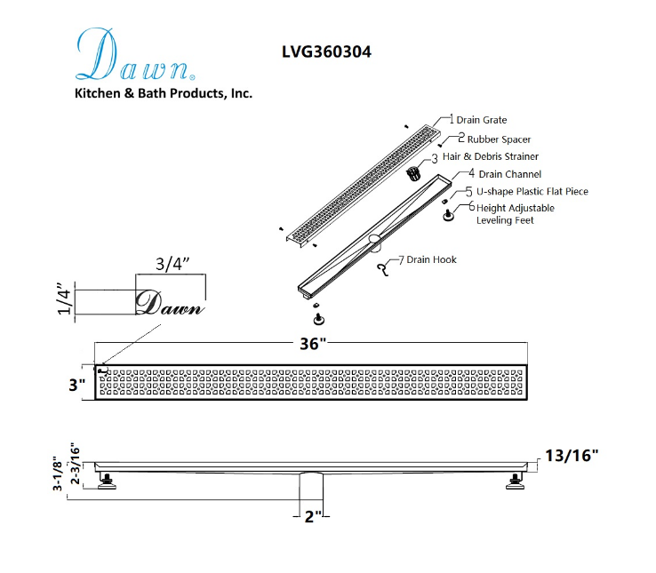 24 Inch Linear Drain with Adjustable Feet, Luxury Polished Finish Drain, Dawn USA LVG240304