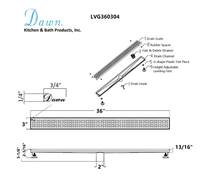 24 Inch Linear Drain with Adjustable Feet, Luxury Polished Finish Drain, Dawn USA LVG240304