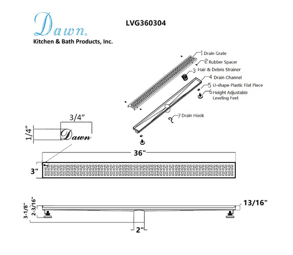 Dawn® 47 Inch Linear Shower Drain, Views Along The River Nile Series, Polished Satin Finish
