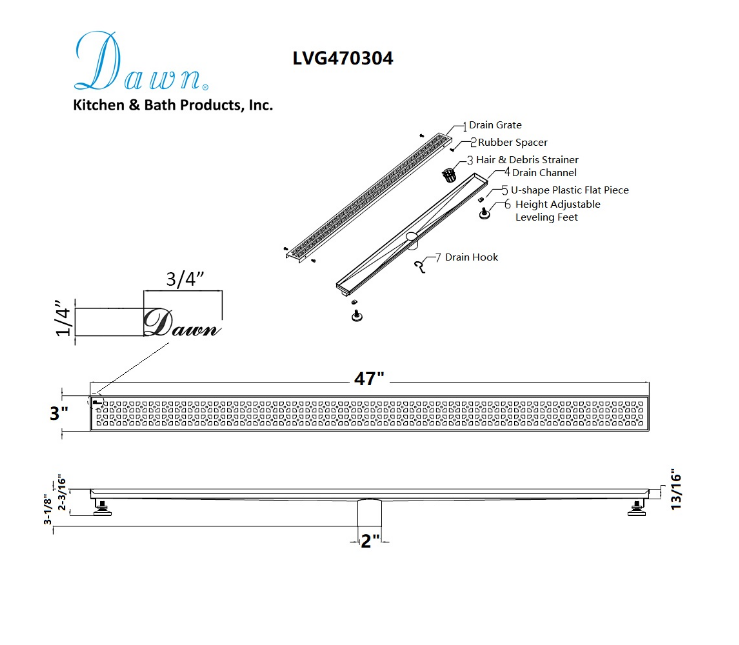 24 Inch Linear Drain with Adjustable Feet, Luxury Polished Finish Drain, Dawn USA LVG240304