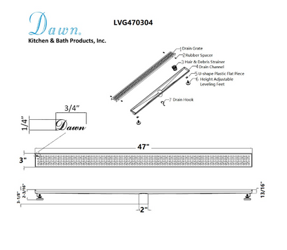 24 Inch Linear Drain with Adjustable Feet, Luxury Polished Finish Drain, Dawn USA LVG240304