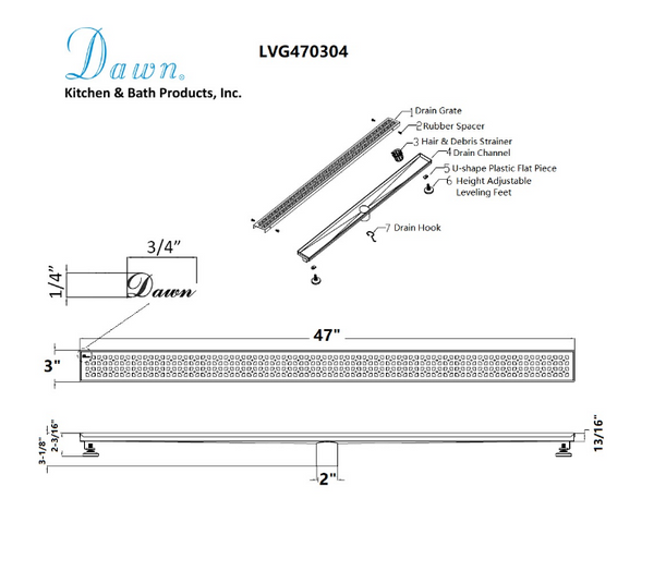 Dawn® 24 Inch Linear Shower Drain, Views Along The River Nile Series, Polished Satin Finish