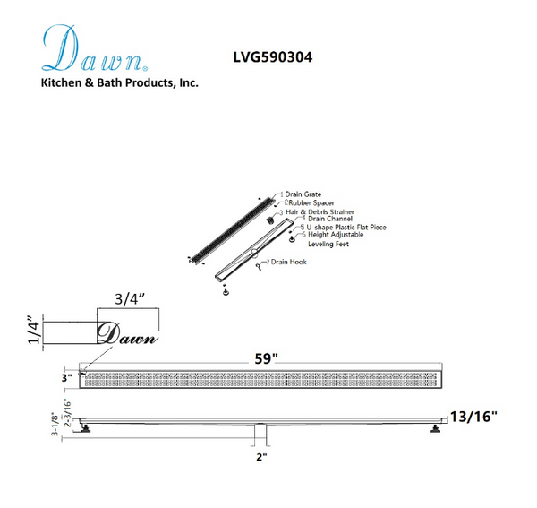 Dawn® 32 Inch Linear Shower Drain, Views Along The River Nile Series, Polished Satin Finish