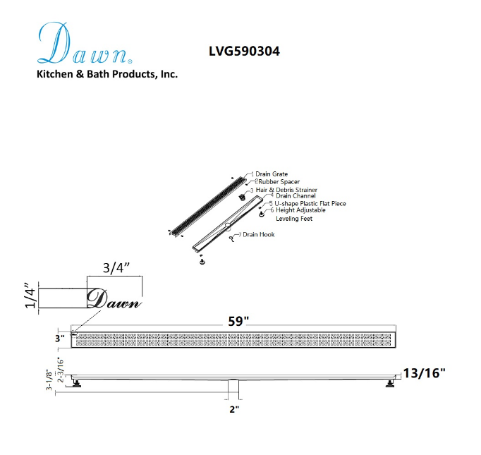 24 Inch Linear Drain with Adjustable Feet, Luxury Polished Finish Drain, Dawn USA LVG240304