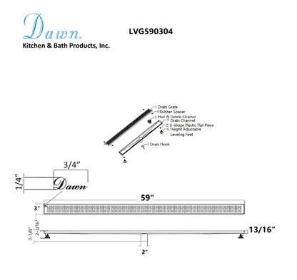 24 Inch Linear Drain with Adjustable Feet, Luxury Polished Finish Drain, Dawn USA LVG240304