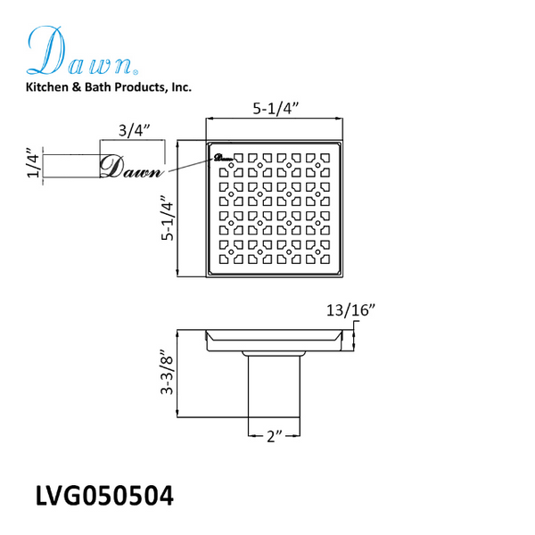 Dawn 5 Inch Square Shower Drain Views Along The River Nile Series LVG050504 (push-in) Polished Satin Finish
