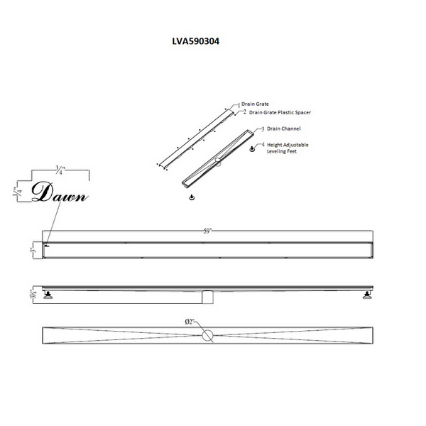 Dawn® 59 Inch Linear Shower Drain, Volga River Series, Polished Satin Finish